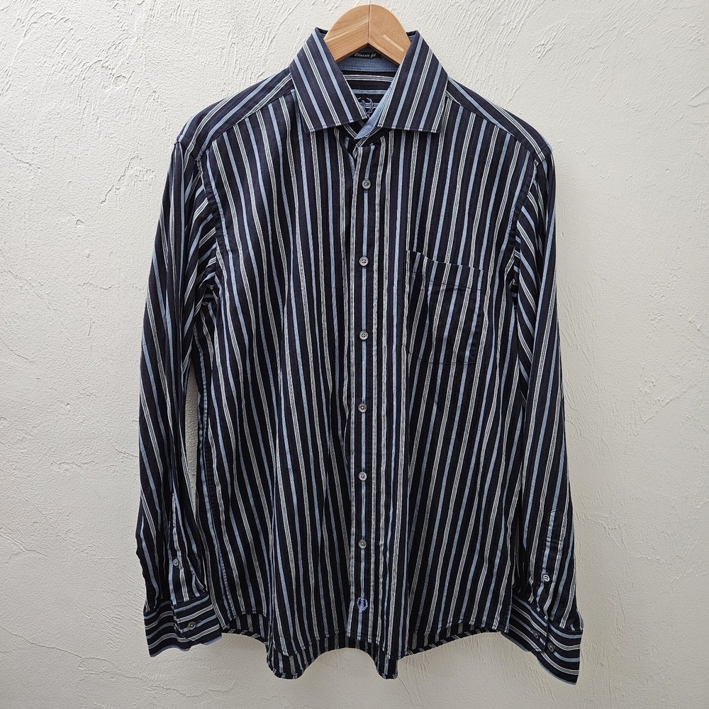 Bugatchi‎ Uomo Men's Blue 100% Cotton Striped Long Sleeve Shirt Size Large - Picture 3 of 10